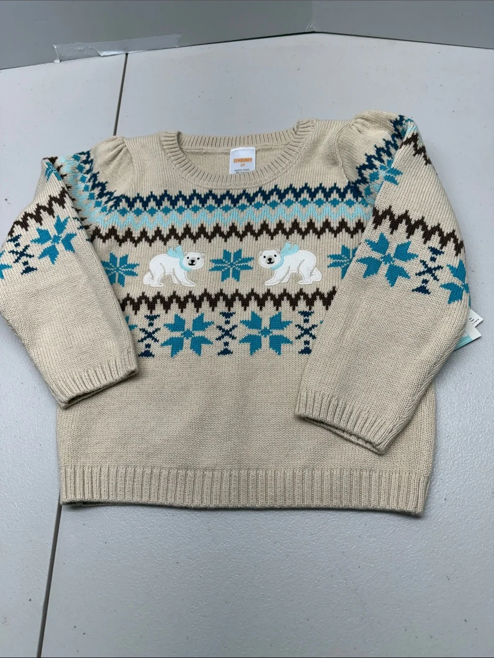 Gymboree Cream Fair Isle Polar Bear Knit Sweater with Teal Accents. NWT